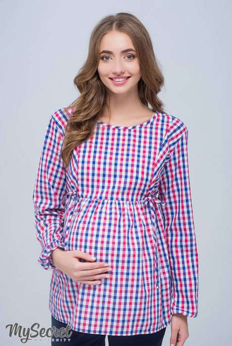 Блуза для вагітних і мам, що годують  Shade new, синьо-біло-малинова клітинка