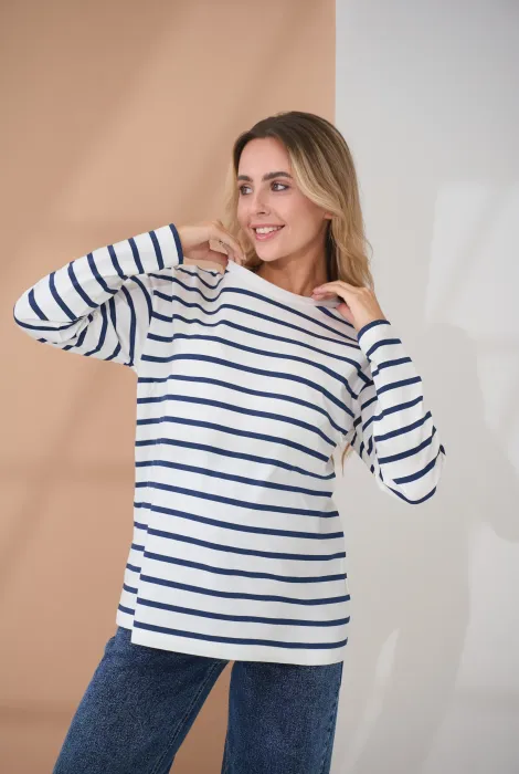 Лонгслив-тельняшка для беременных и кормления Nikita, молочный с синей полоской