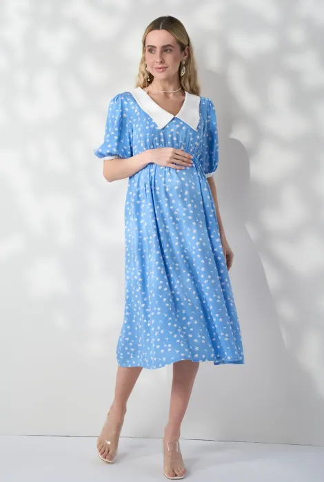 Сукня Georgia для вагітних з секретом для годування, молочні квіти на блаиктному Сукня Georgia для вагітних з секретом для годування, молочні квіти на блаиктному