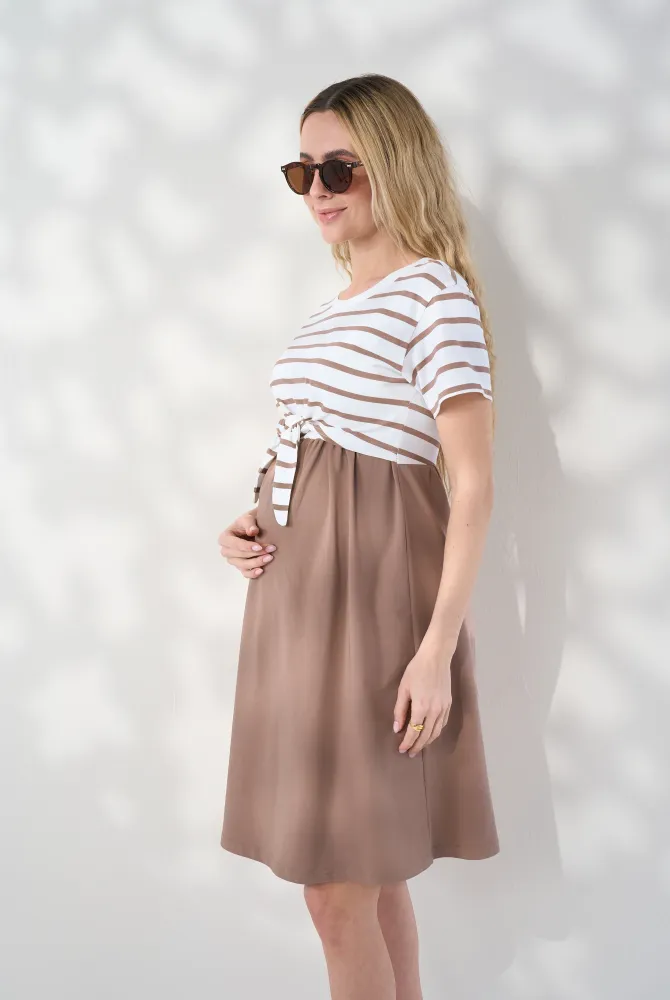 Сукня для вагітних, з секретом для годування Becky, коричнева із смугастим топом Сукня для вагітних, з секретом для годування Becky, коричнева із смугастим топом