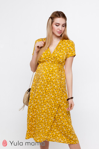 Платье для беременных и кормления Eilish, темно-желтый с коричнево-молочными цветочками