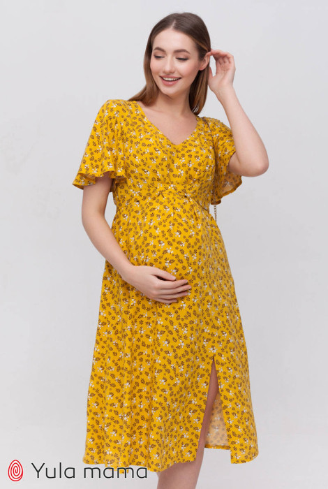 Сукня Vanessa для вагітних і годування, молочні квіти на жовтому фоні