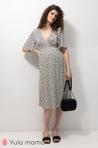 Платье Joselyn для беременных и кормления, чёрные цветочки на молочном