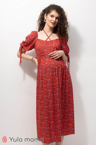 Платье Briella для беременных и кормления, мелкик цветы на красном фоне