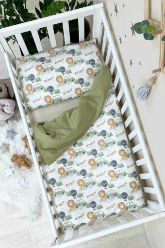 Комплект сменного детского постельного белья Baby Mix, Львёнок с машинками зелёный