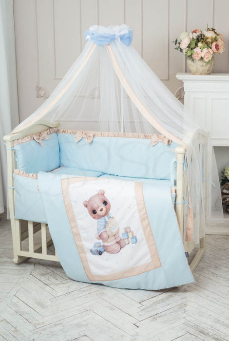 Комплект детского постельного белья с 7 предметов Мишка Bonya, голубой