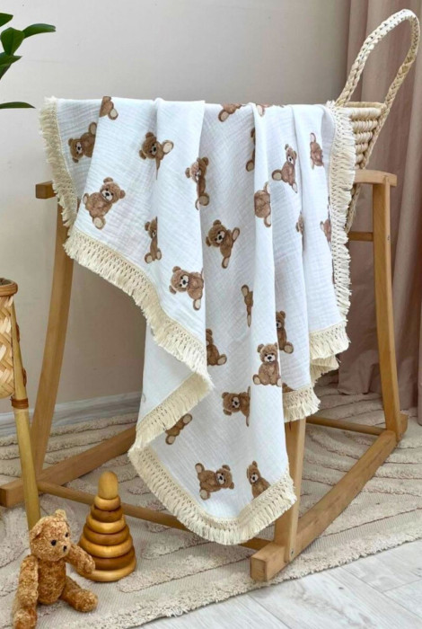 Легкий плед муслін з бахромою для новонароджених Teddy