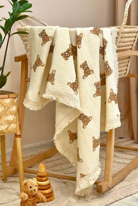 Легкий плед муслін з бахромою для новонароджених Teddy