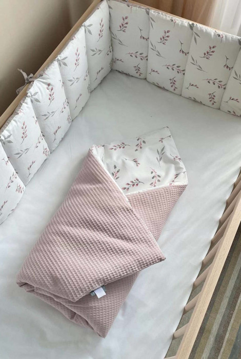 Вафельный плед-конверт с одеялом Baby Dream, пудровые веточки-котики