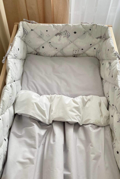 Полный комплект постельного белья в детскую кроватку Baby Dream, Коти у хмарах сірі