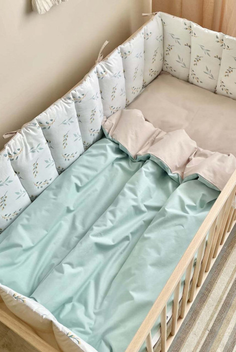Полный комплект постельного белья в детскую кроватку Baby Dream, Мятные ВЕТОЧКИ-КОТИКИ