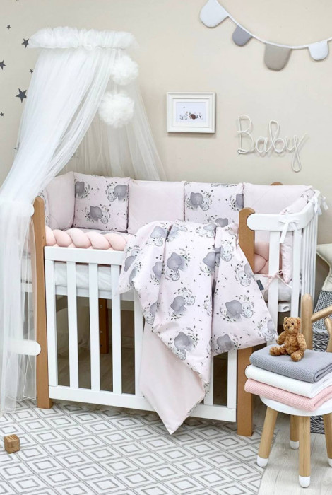 Полный комплект постельного белья для новорожденных Happy night, Слоны на розовом