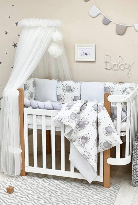 Полный комплект постельного белья для новорожденных Happy night, Слоны на белом