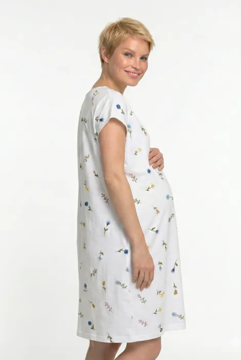 Платье-рубашка для родов и кормления, белое с мелкими цветочками