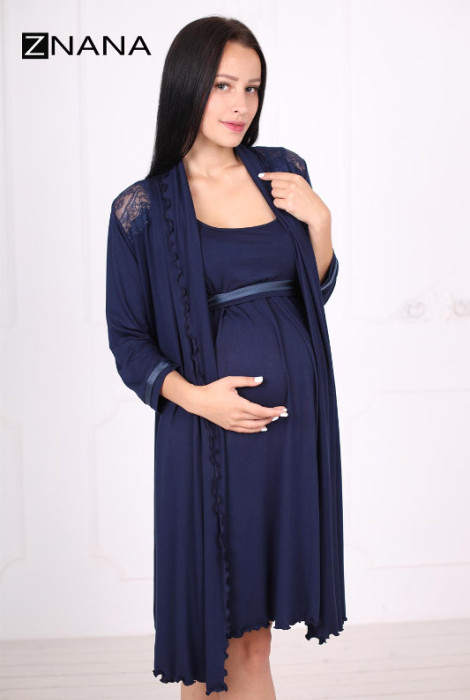 Комплект для беременных и кормления Lace халат и ночная рубашка, т.синий